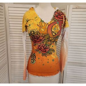 FANG Floral V-Neck Long Sleeve Top - Orange and Yellow Size M